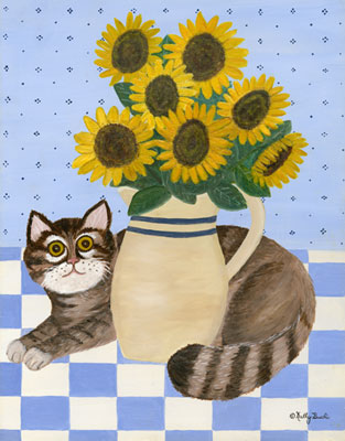 Cat And Sunflowers